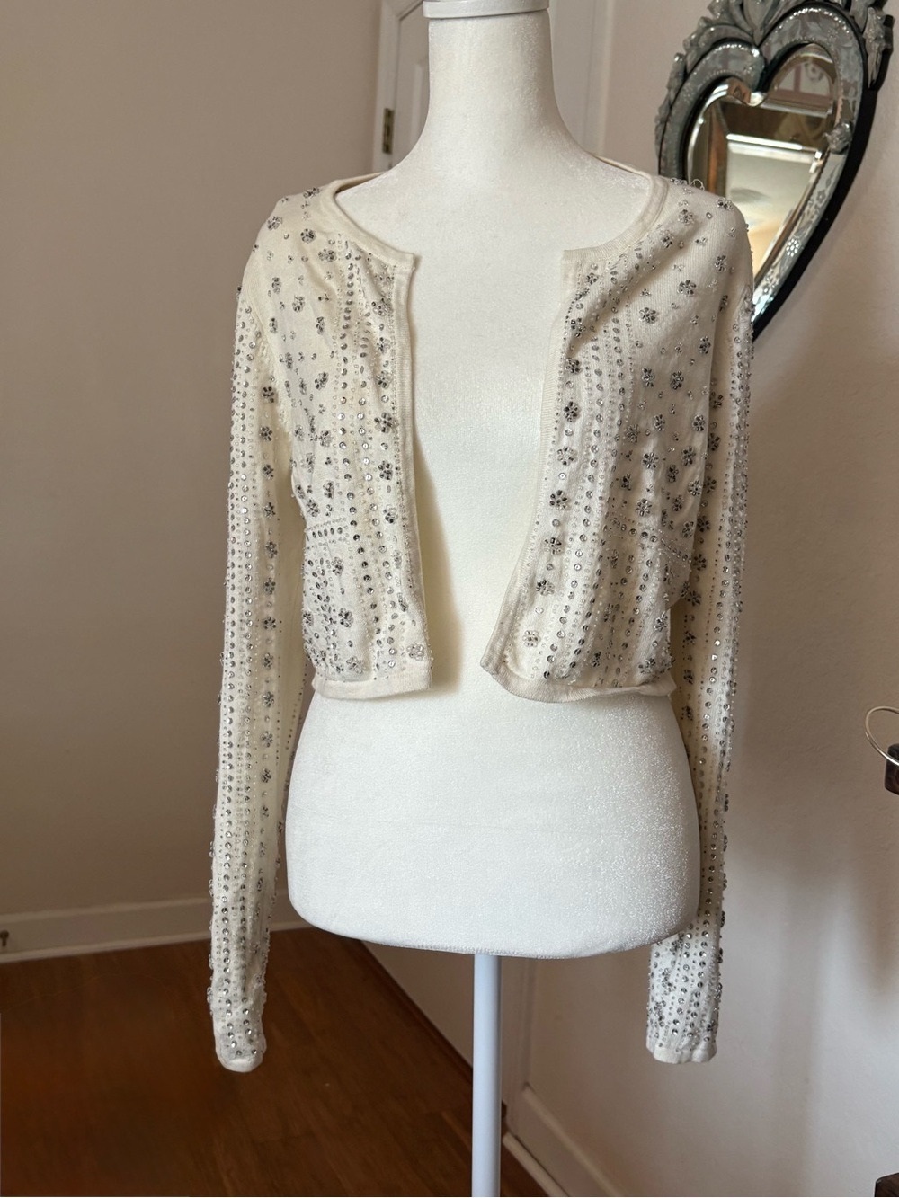 Embellished Cream Open-Front Women's Sweater